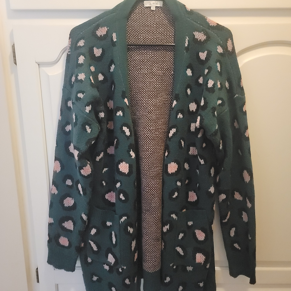 LA MIEL Teal Green and Pink Leopard Print Cardigan